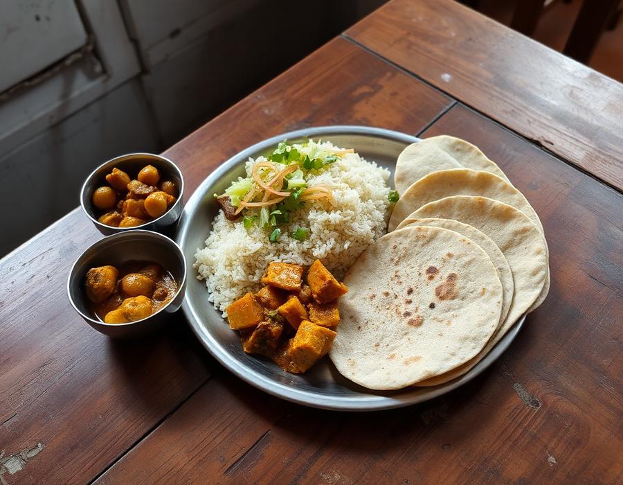 Monday tiffin — Aloo Matar, Arhar Dal, Jeera Rice served on a steel plate