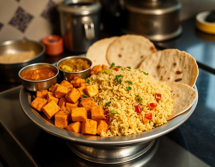 Saturday tiffin — Paneer Bhurji, Chana Dal, Pulao served on a steel plate