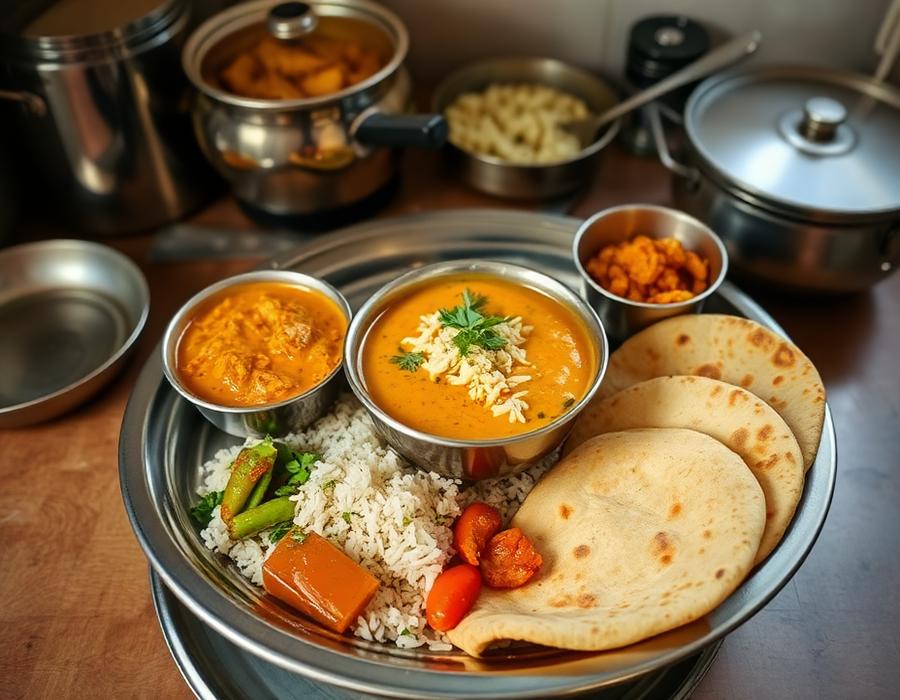 Thursday tiffin — Kadhi Pakoda, Soya Sabzi, Jeera Rice served on a steel plate