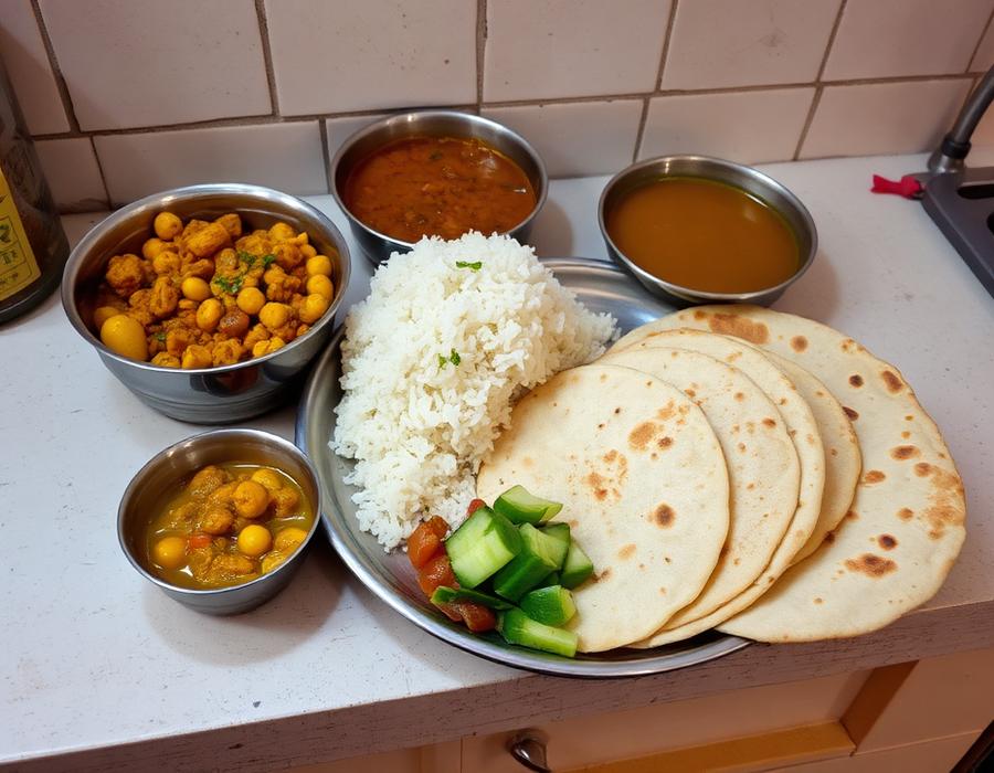 Tuesday tiffin — Lauki Chana Dal, Masoor Dal, Steamed Rice served on a steel plate