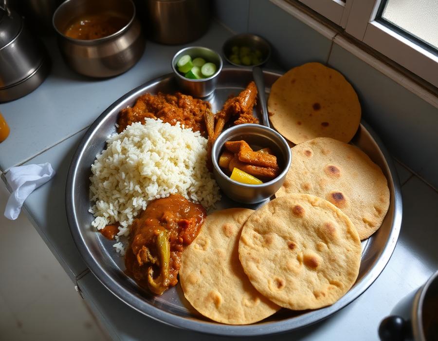 Wednesday tiffin — Bhindi Masala, Moong Dal, Steamed Rice served on a steel plate