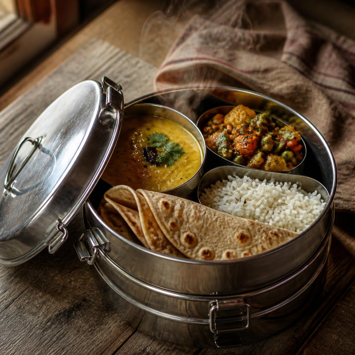 Steel tiffin box open on a wooden table with hot dal, sabzi, rice and fresh rotis